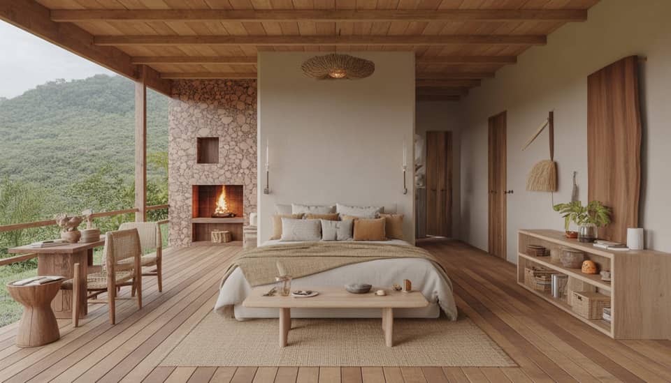 Interior aconchegante do Chalé Terra com madeira, tons naturais e clima de refúgio em Monte Verde na Carícia do Vento Pousada Boutique