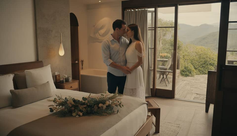Casal em clima romântico com vista para as montanhas na Carícia do Vento Pousada Boutique em Monte Verde MG