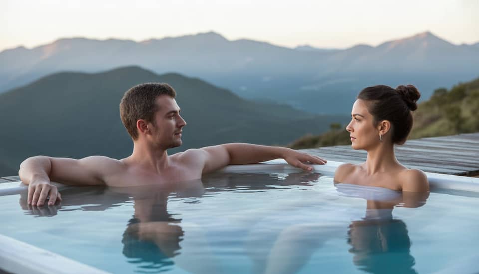 Casal relaxando em jacuzzi aquecida com vista para as montanhas da Serra da Mantiqueira em Monte Verde