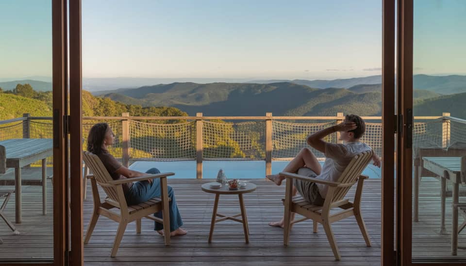 Vista panorâmica das montanhas da Serra da Mantiqueira a partir da Carícia do Vento Pousada Boutique em Monte Verde MG