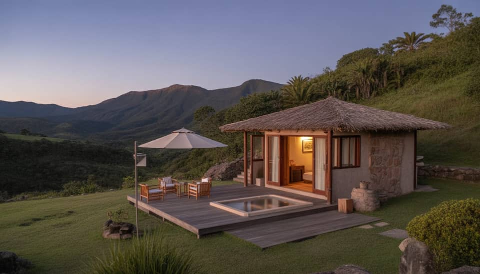 Vista das montanhas em Monte Verde com chalés boutique e clima de descanso na Serra da Mantiqueira