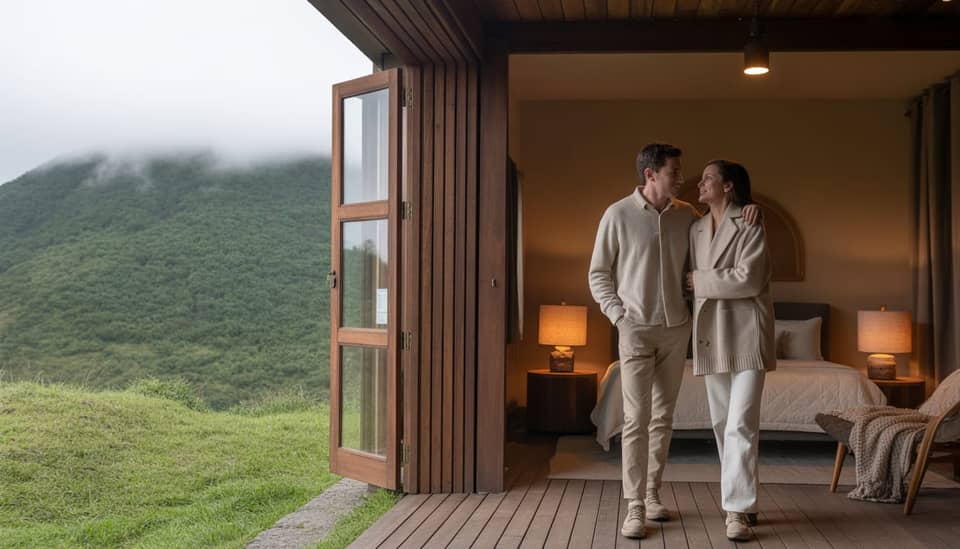 Chalé da Carícia do Vento Pousada Boutique em Monte Verde no inverno com geada, com lareira acesa e vista para a Serra da Mantiqueira