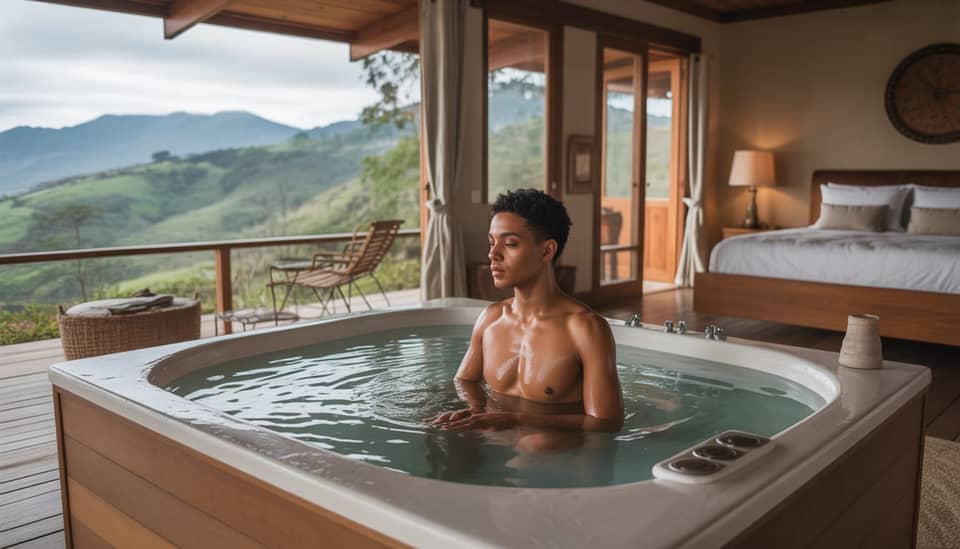 Casal em chalé com hidromassagem privativa em Monte Verde na Serra da Mantiqueira