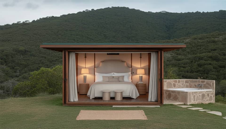 Interior de chalé temático na Carícia do Vento Pousada Boutique em Monte Verde com lareira e vista para a Serra da Mantiqueira