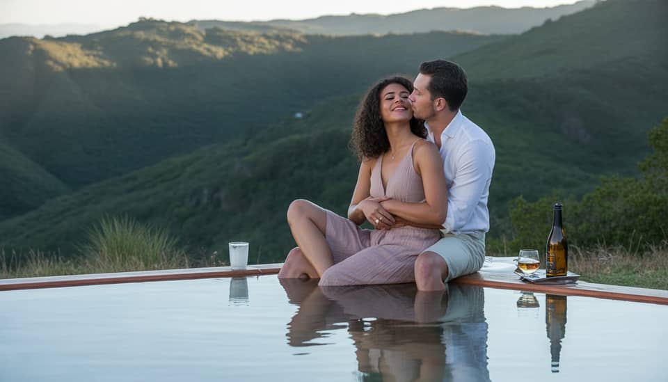 Casal em lua de mel em Monte Verde com vista da Serra da Mantiqueira em uma pousada boutique