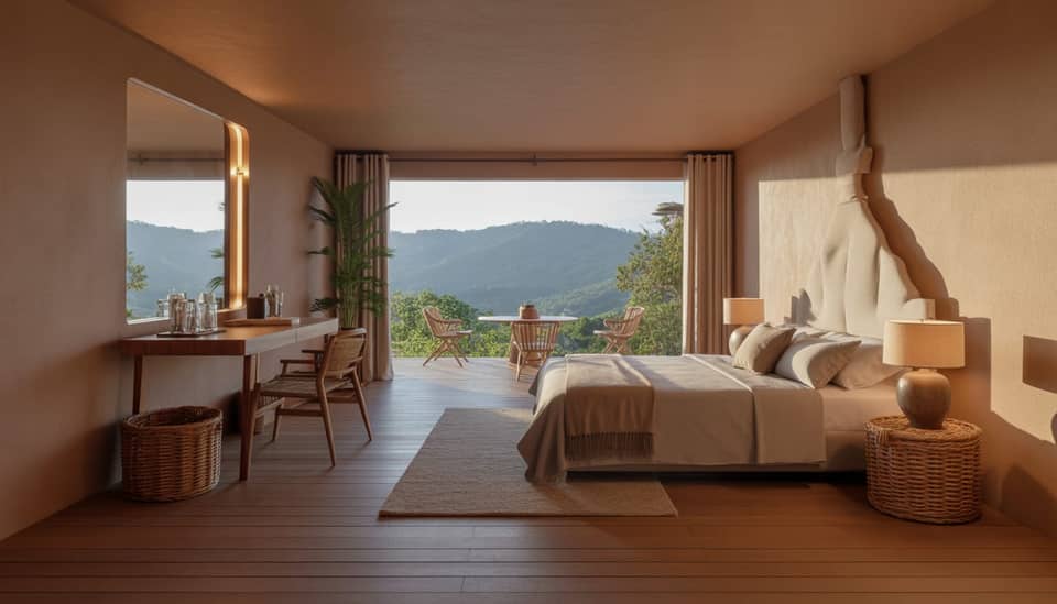 Interior do Chalé Sol em Monte Verde com decoração inspirada no sol, lareira e vista para a natureza na Carícia do Vento Pousada Boutique