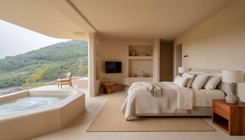 Interior do Chalé Supreme Pérola com cores calmas, lareira e hidromassagem privativa em Monte Verde