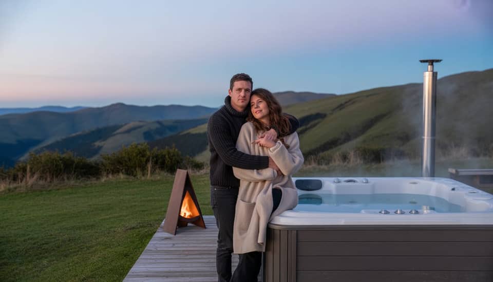 Casal curtindo o frio de Monte Verde no inverno com montanhas ao fundo na Serra da Mantiqueira