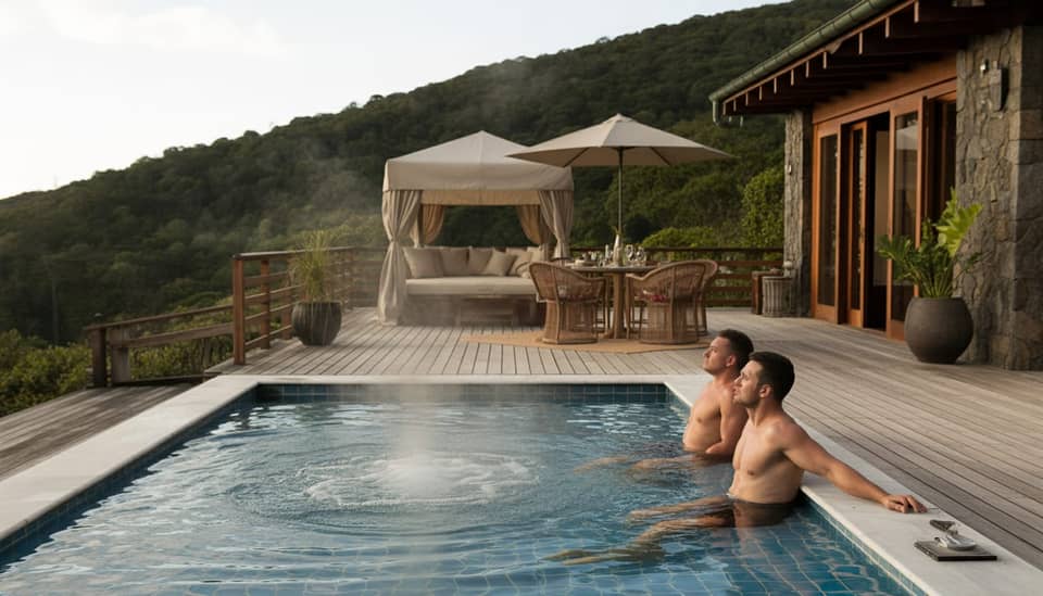 Piscina aquecida e jacuzzi com vista para as montanhas em Monte Verde na Carícia do Vento Pousada Boutique