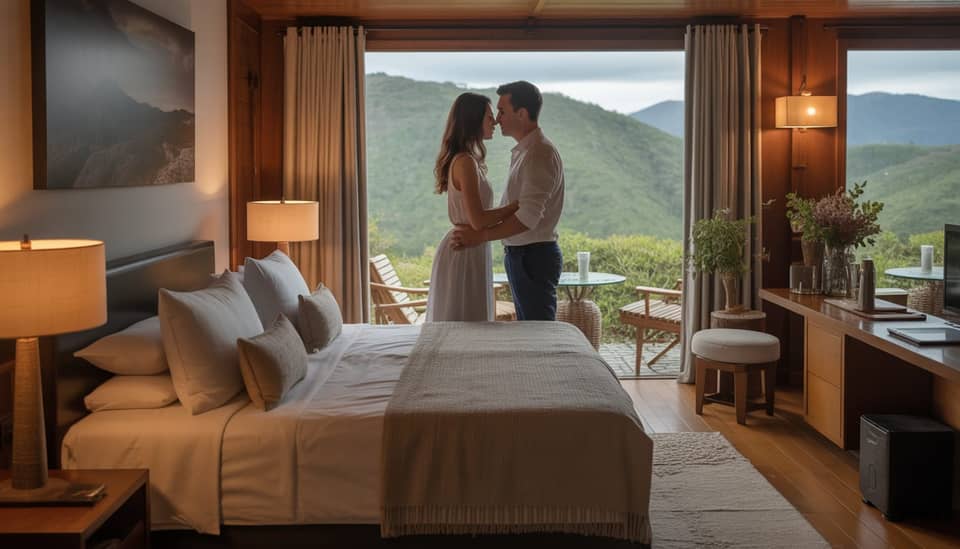 Casal em lua de mel em Monte Verde com vista para a Serra da Mantiqueira na Carícia do Vento Pousada Boutique