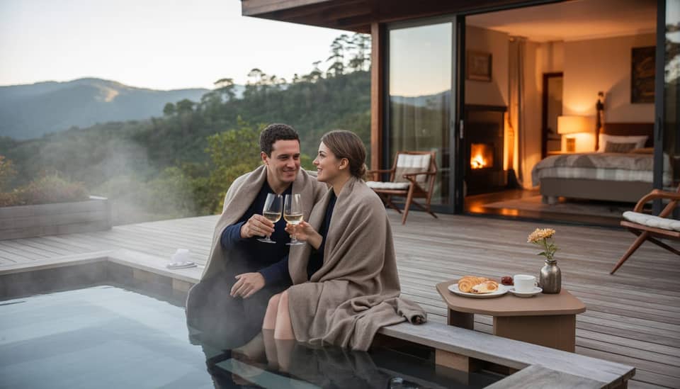 Casal em Monte Verde no Dia dos Namorados com montanhas ao fundo e clima romântico na Serra da Mantiqueira