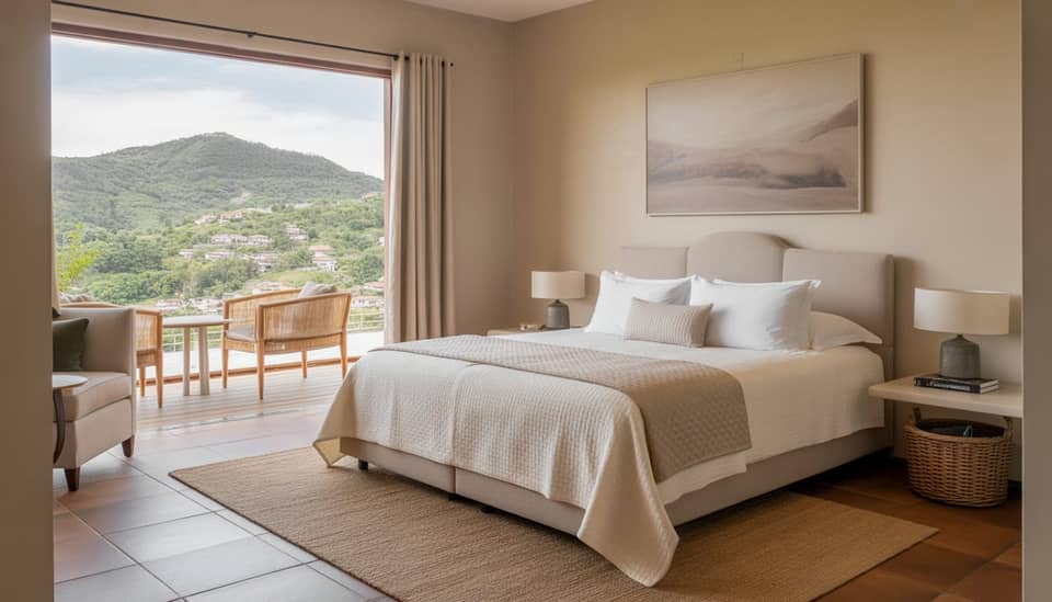 Suíte Ocidente com lareira e vista para a Serra da Mantiqueira em Monte Verde na Carícia do Vento Pousada Boutique