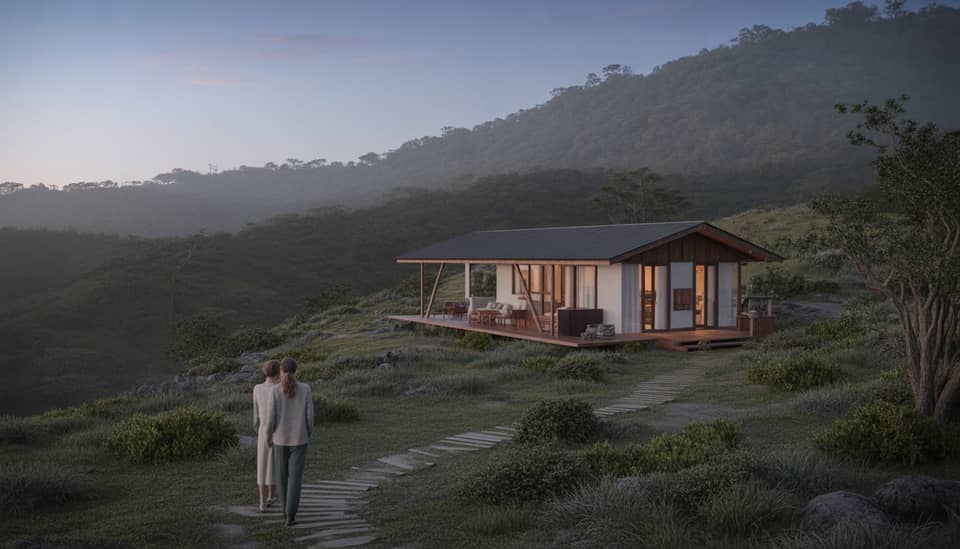 Vista da Serra da Mantiqueira em Monte Verde MG com chalés de pousada boutique ao entardecer