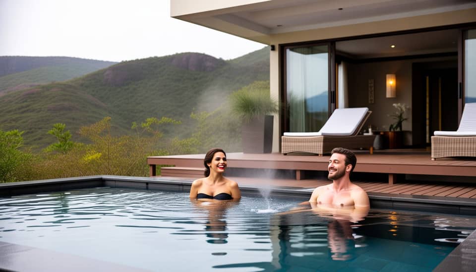 Piscina e jacuzzi aquecidas com vista para as montanhas na Carícia do Vento Pousada Boutique em Monte Verde MG