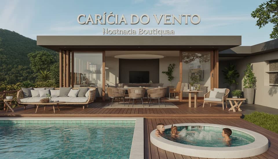 Vista das montanhas em Monte Verde com área de lazer e jacuzzi aquecida da Carícia do Vento Pousada Boutique