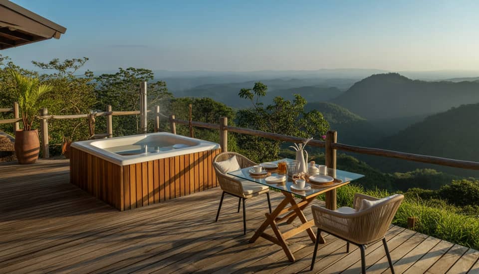 Vista da Serra da Mantiqueira em Monte Verde com chalés boutique ao fundo