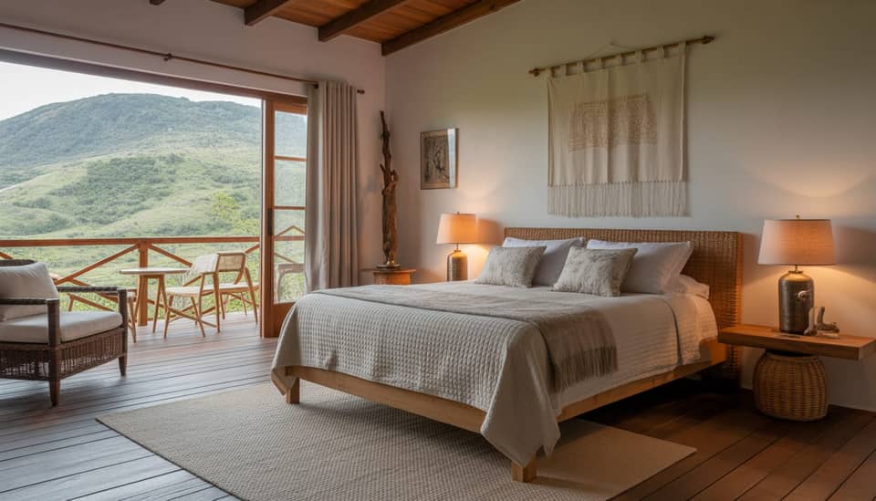 Suíte Ocidente na Carícia do Vento Pousada Boutique com decoração temática e vista para a Serra da Mantiqueira