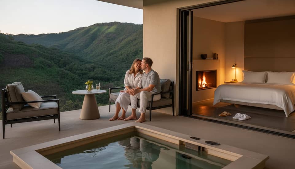 Casal em pousada romântica em Monte Verde MG com vista para a Serra da Mantiqueira