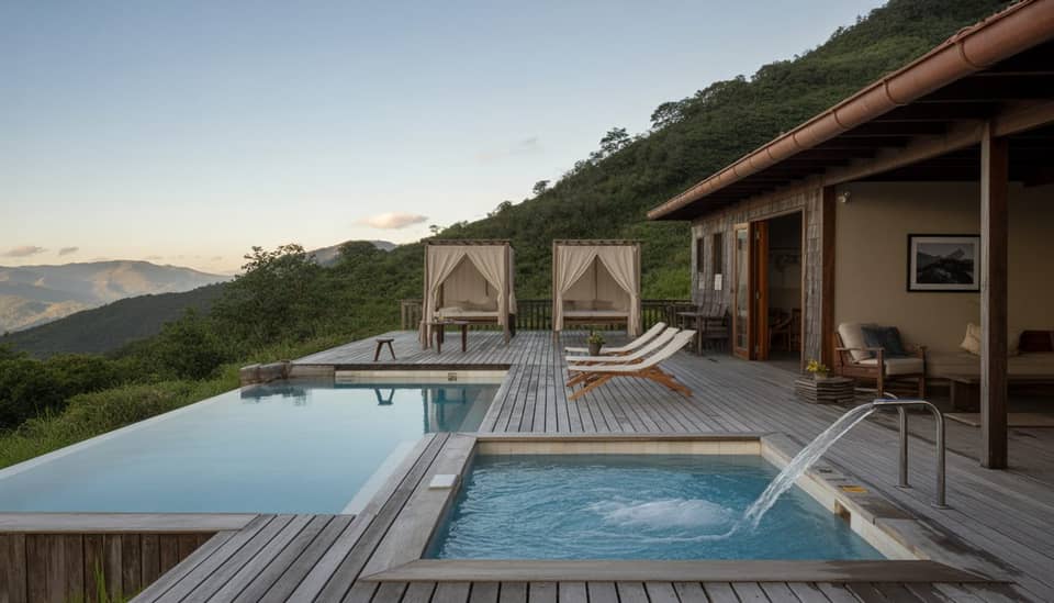 Piscina aquecida e jacuzzi com vista para as montanhas na Carícia do Vento Pousada Boutique em Monte Verde MG
