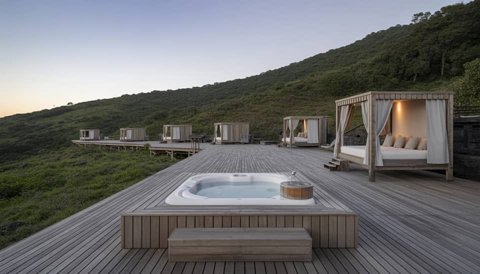 Deck Lounge Poema com bangalôs e jacuzzi aquecida na Carícia do Vento Pousada Boutique em Monte Verde MG