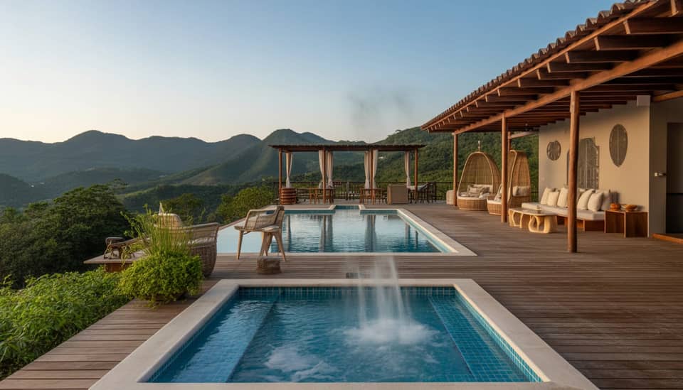 Piscina aquecida e jacuzzi com vista para as montanhas na Carícia do Vento Pousada Boutique em Monte Verde MG