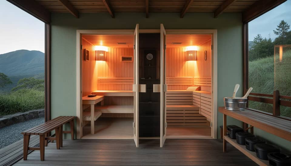 Sauna seca e sauna úmida em pousada de montanha em Monte Verde MG com clima frio e vista da Serra da Mantiqueira