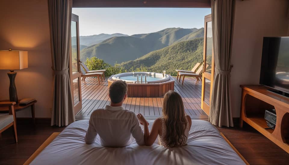 Casal em Monte Verde no Dia dos Namorados na Carícia do Vento Pousada Boutique com vista para a Serra da Mantiqueira