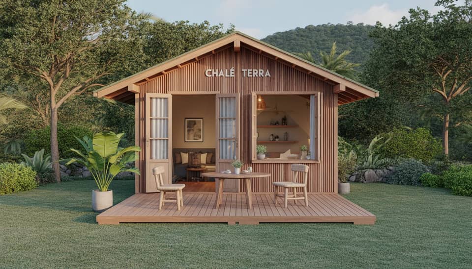 Chalé Terra com decoração em madeira e vista para o jardim na Carícia do Vento Pousada Boutique em Monte Verde MG