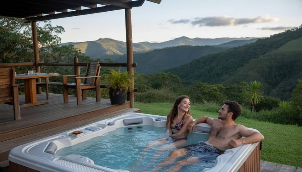 Casal em chalé romântico com vista para a Serra da Mantiqueira em Monte Verde MG