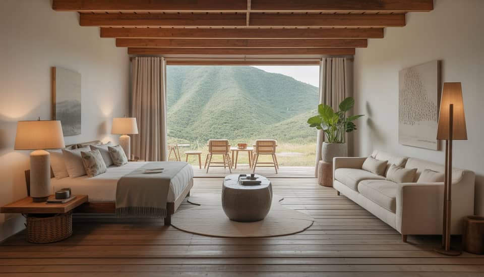 Interior do Chalé Água em Monte Verde com cores calmas, lareira e vista para a natureza na Carícia do Vento Pousada Boutique