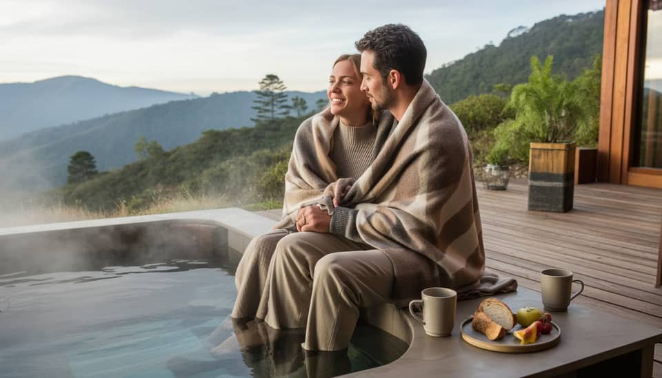 Casal em lua de mel na Serra da Mantiqueira com vista para as montanhas em Monte Verde MG