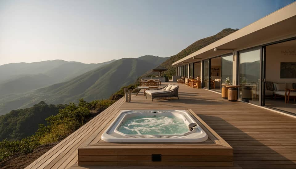 Deck Lounge Poema com bangalôs e jacuzzi aquecida na Carícia do Vento Pousada Boutique em Monte Verde MG