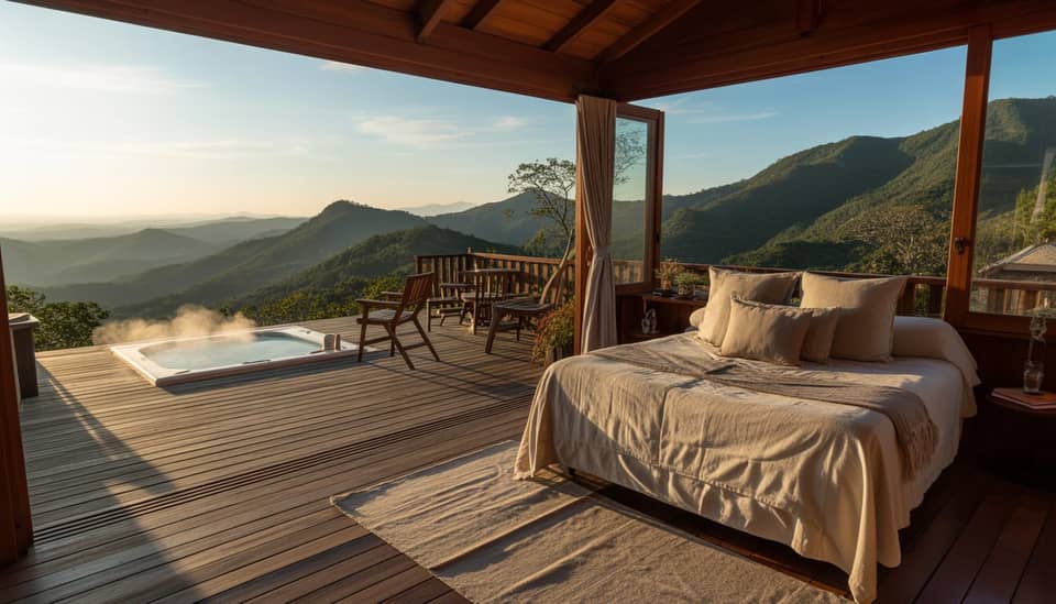 Vista silenciosa da Serra da Mantiqueira em Monte Verde ao amanhecer, ideal para sono profundo na Carícia do Vento Pousada Boutique