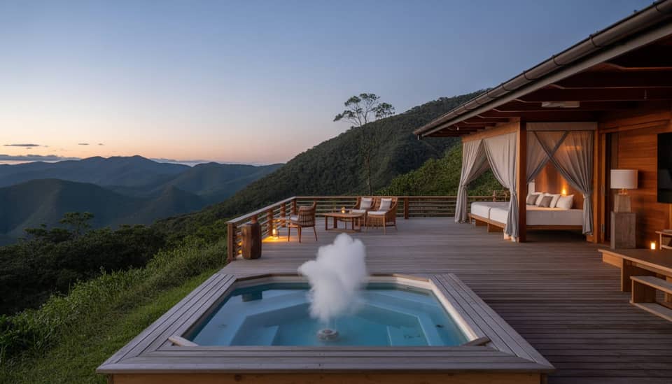 Deck Lounge Poema da Carícia do Vento Pousada Boutique com bangalôs e vista para as montanhas em Monte Verde