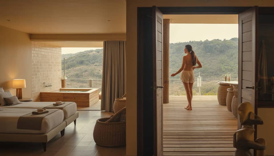 Casal relaxando em hidromassagem com vista para as montanhas em Monte Verde na Carícia do Vento Pousada Boutique