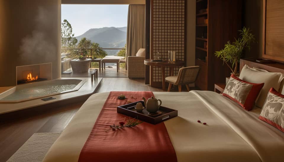 Suíte Master Oriente com decoração oriental, lareira e hidromassagem privativa em Monte Verde