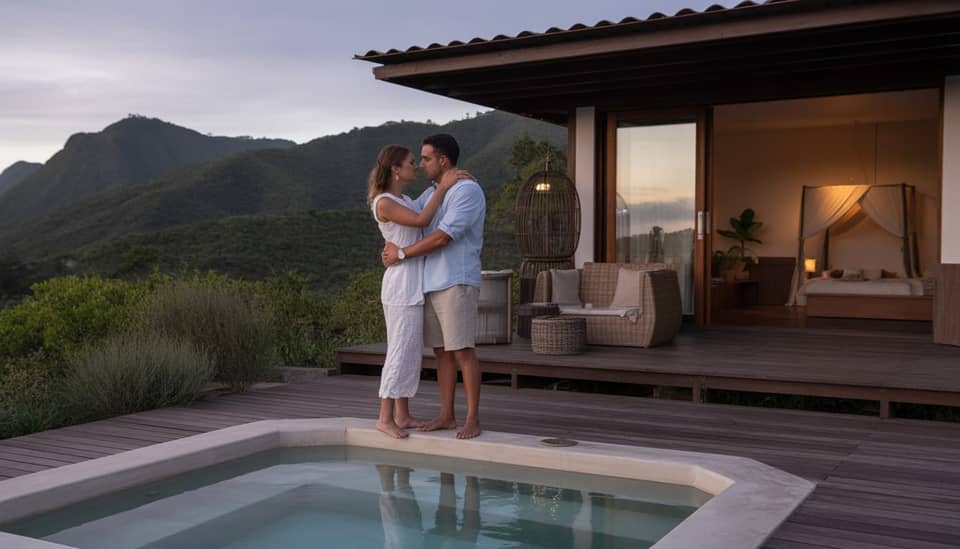 Casal em viagem romântica em Monte Verde na Carícia do Vento Pousada Boutique com vista para a Serra da Mantiqueira