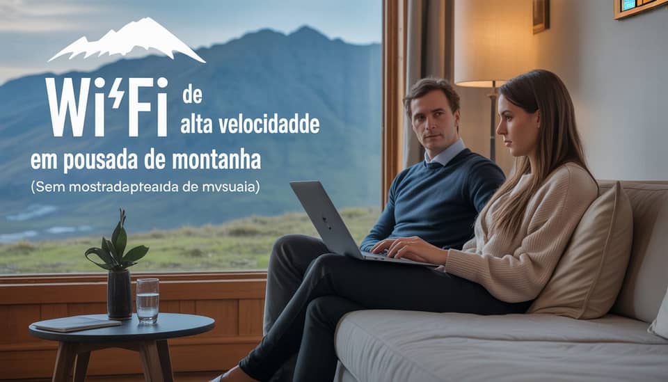 Casal em chalé na serra usando notebook com Wi-Fi de alta velocidade na Carícia do Vento Pousada Boutique em Monte Verde MG