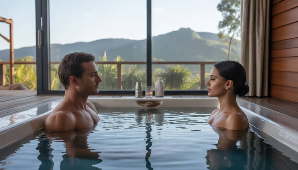 Casal relaxando em hidromassagem privativa em chalé em Monte Verde na Serra da Mantiqueira