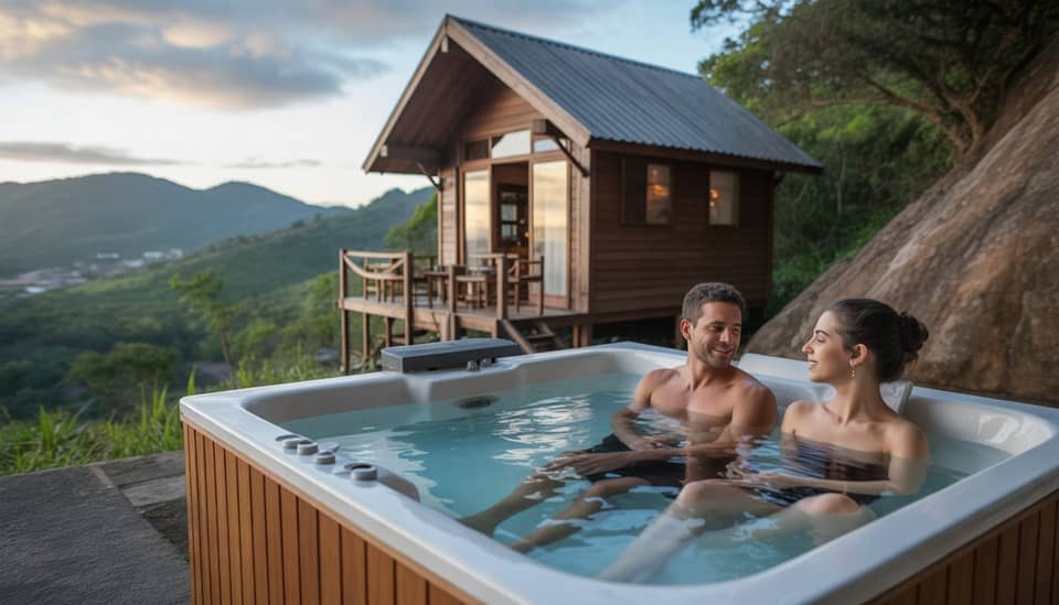 Casal relaxando em hidromassagem privativa em chalé romântico em Monte Verde, MG