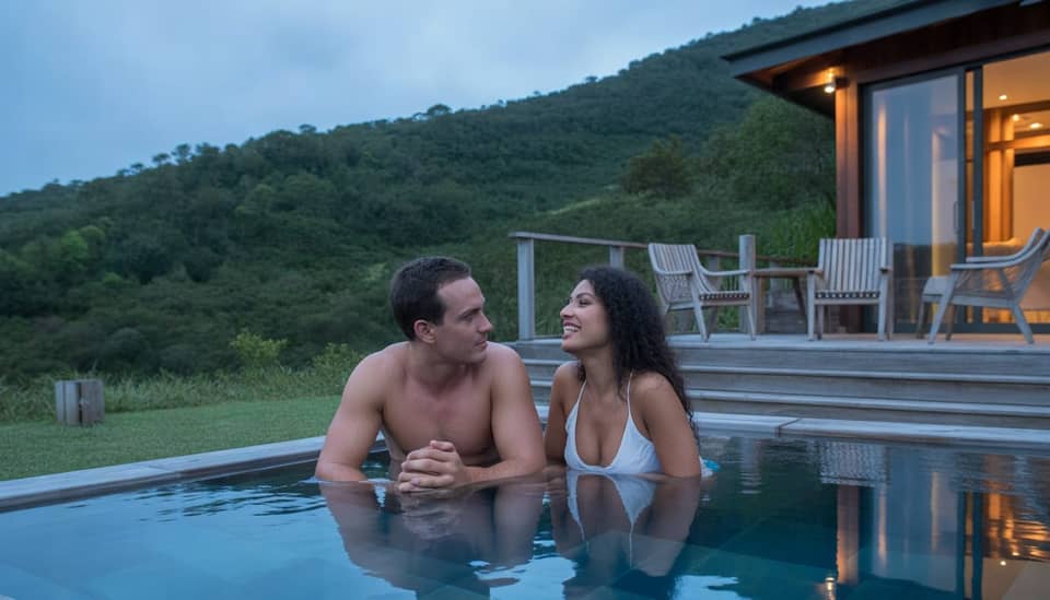 Casal em Monte Verde na Serra da Mantiqueira em pousada boutique com vista para as montanhas