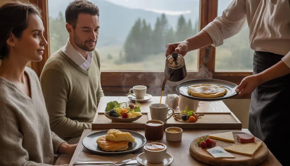 Mesa posta com café da manhã à la carte feito na hora na Carícia do Vento Pousada Boutique em Monte Verde