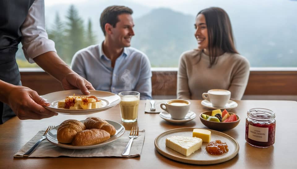 Mesa de café da manhã à la carte na Carícia do Vento Pousada Boutique em Monte Verde MG com vista para a natureza