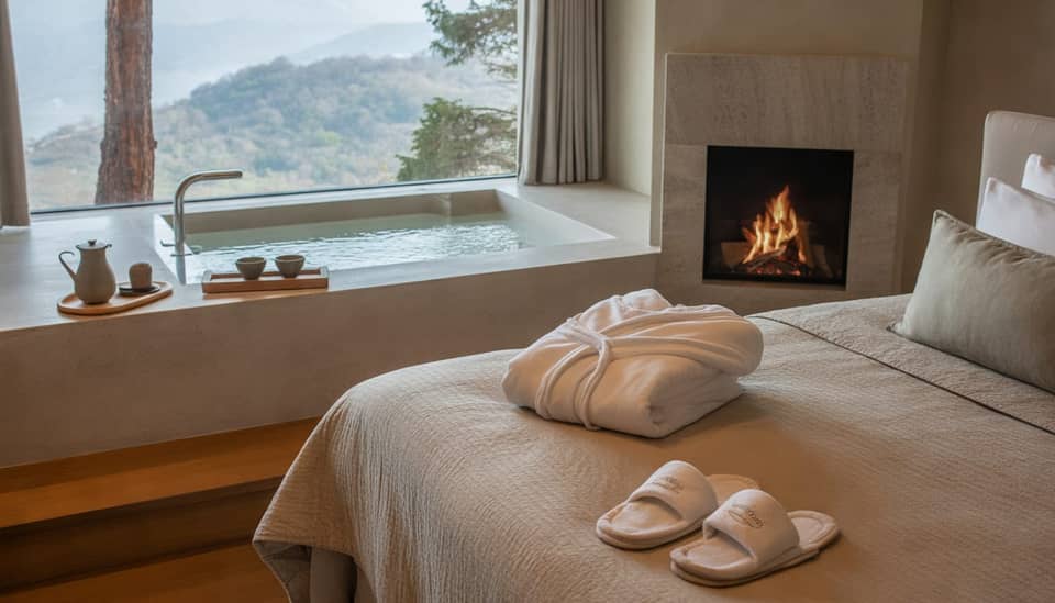 Interior do Chalé Supreme Pérola com hidromassagem privativa em Monte Verde