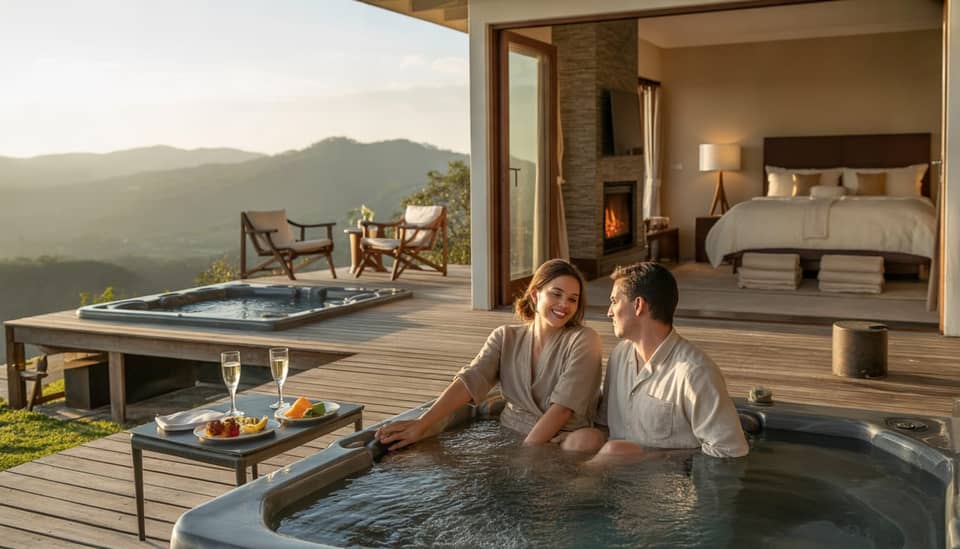 Casal em pousada romântica em Monte Verde MG com vista para a Serra da Mantiqueira