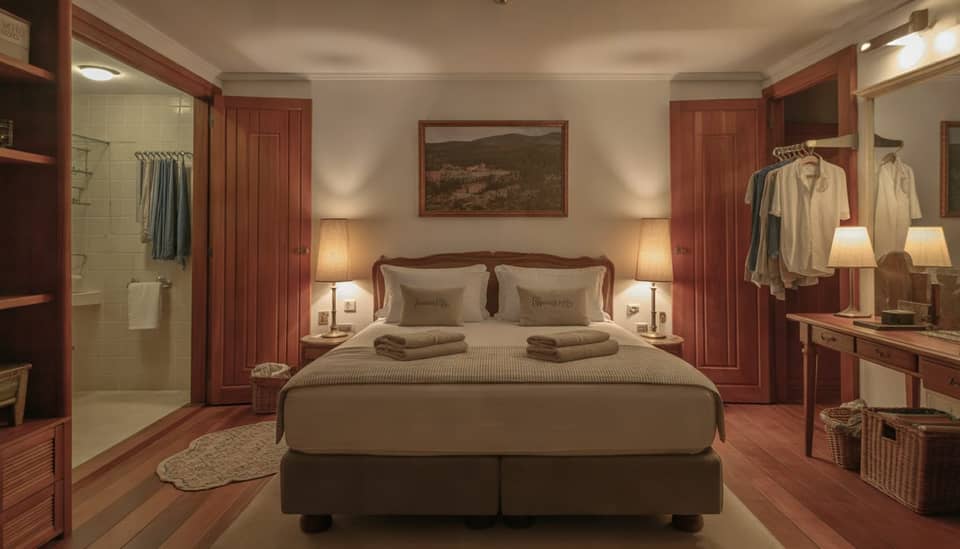Cama com enxoval premium e lareira em chalé na serra em Monte Verde MG