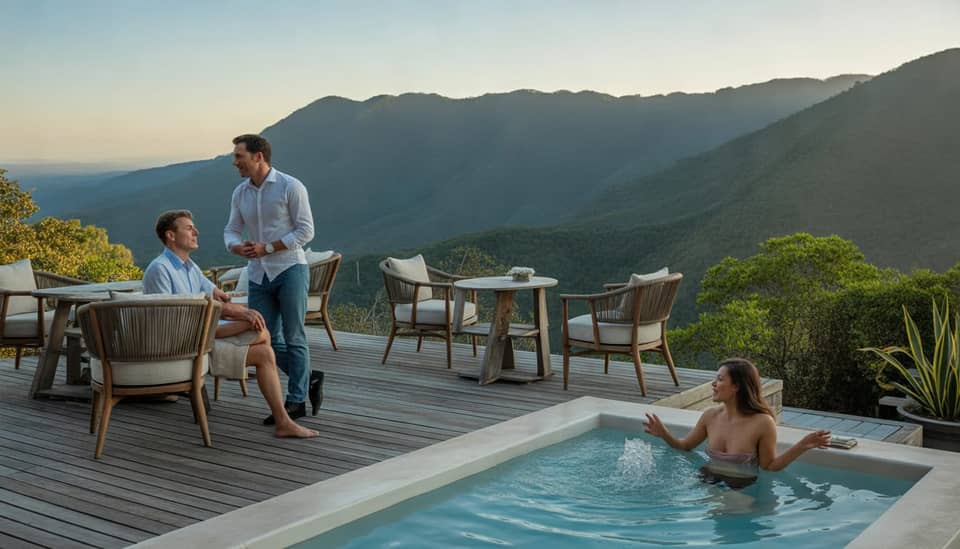 Casal em pousada romântica em Monte Verde com vista para a Serra da Mantiqueira na Carícia do Vento Pousada Boutique